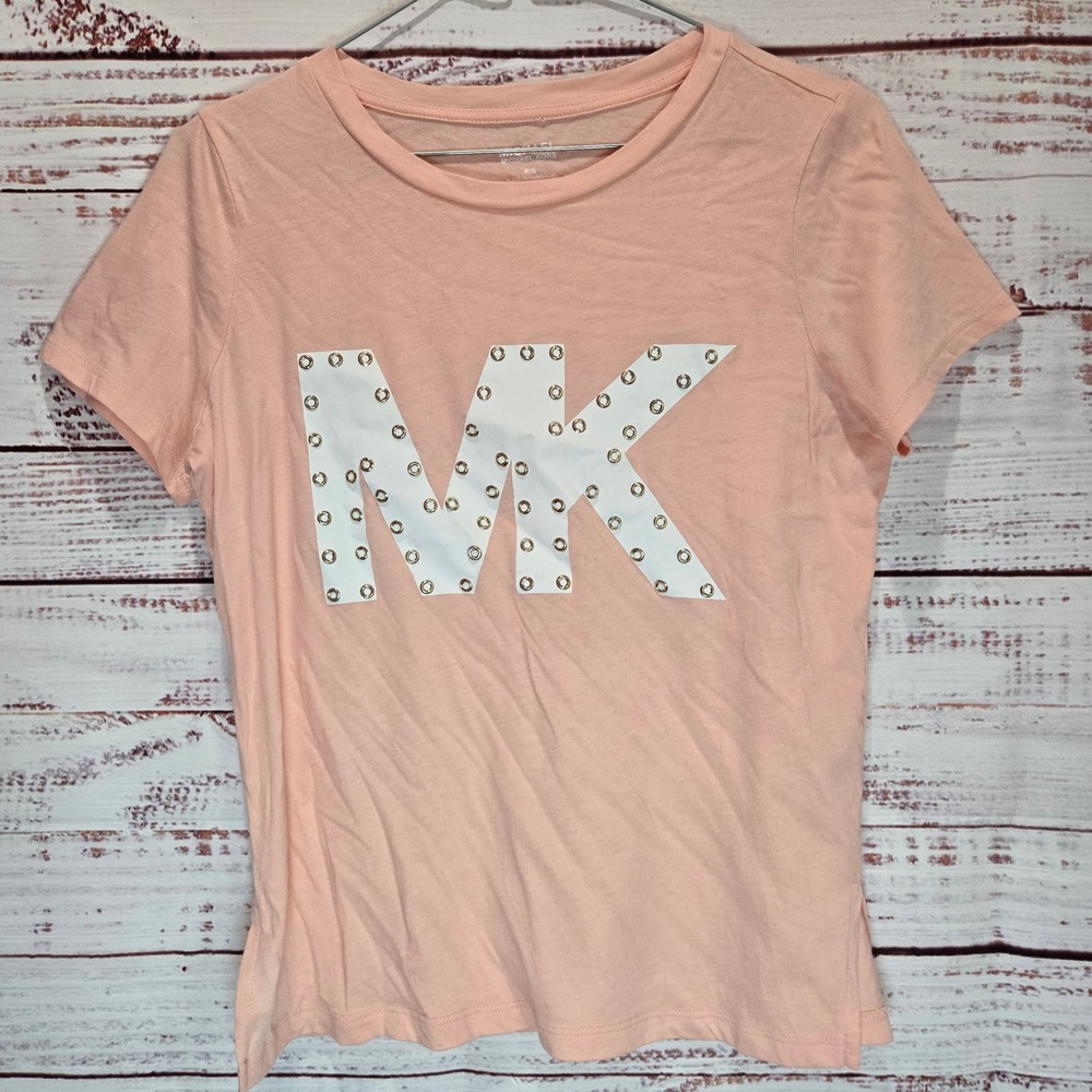 Michael Kors Stud Accent MK Logo TShirt Peach Womens Petite Sm Short Sleeve NWOT